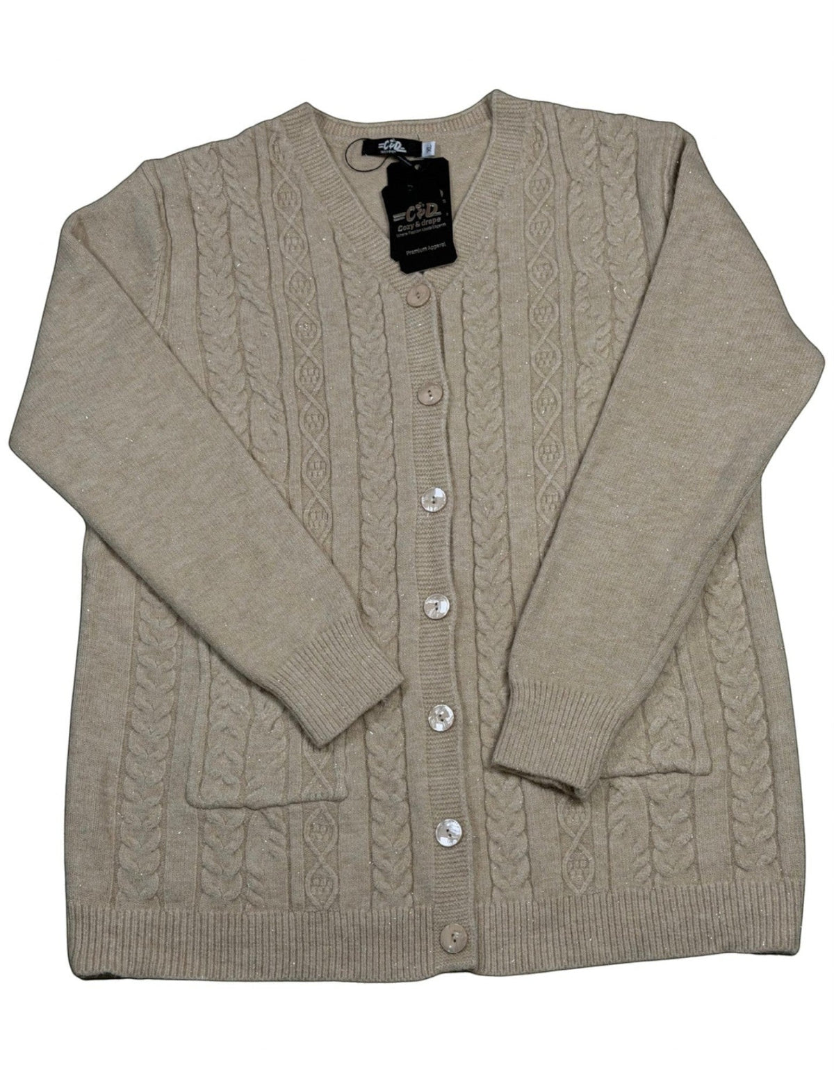 Cozy&Drape beige cable-knit button-up cardigan with V-neck, long sleeves, and two front pockets.
