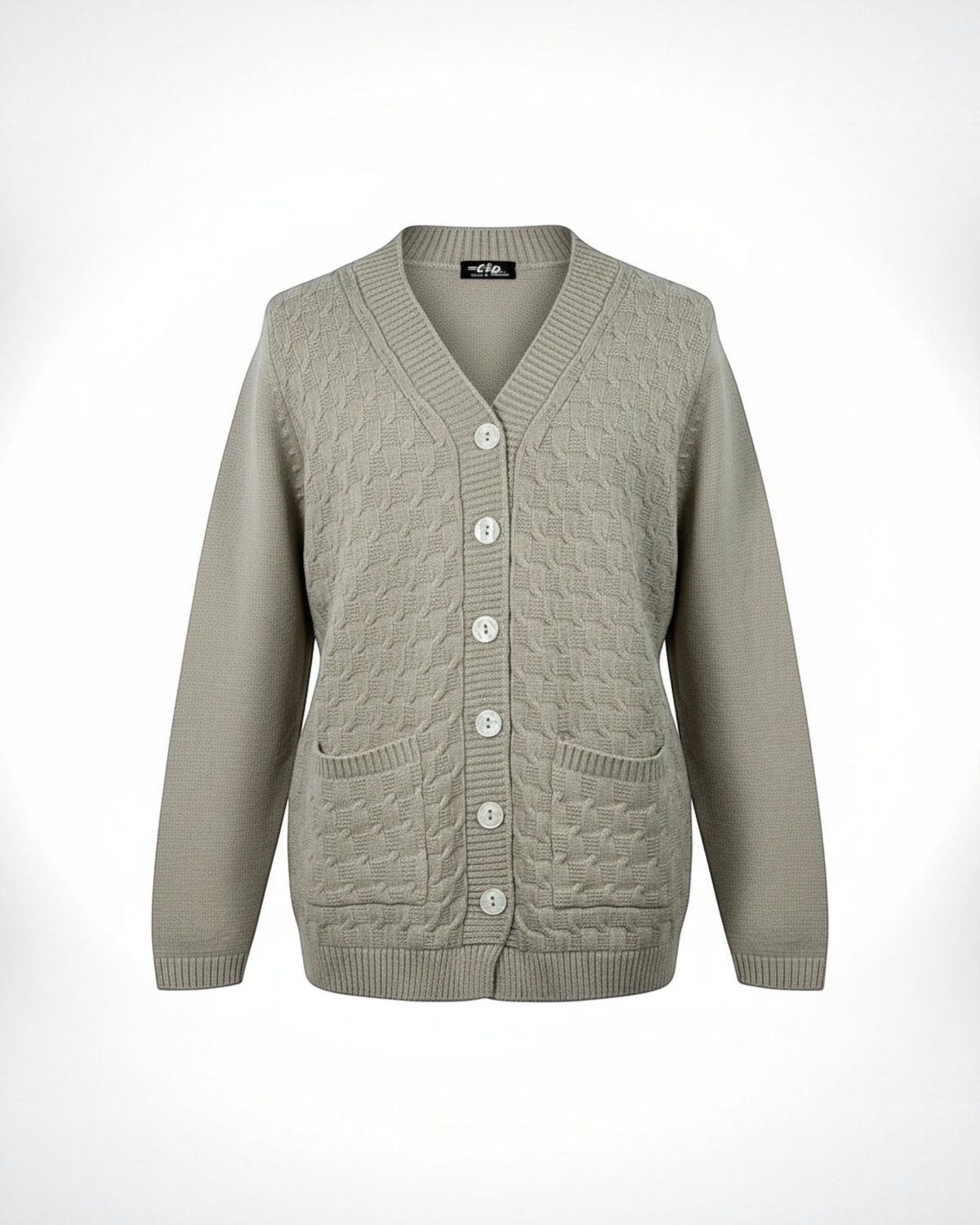 Cozy&Drape beige V-neck cable-knit cardigan with button-down front and two front pockets