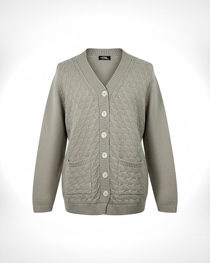 Cozy&Drape beige V-neck cable-knit cardigan with button-down front and two front pockets