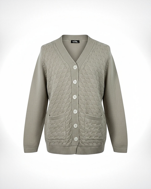 Cozy&Drape beige V-neck cable-knit cardigan with button-down front and two front pockets