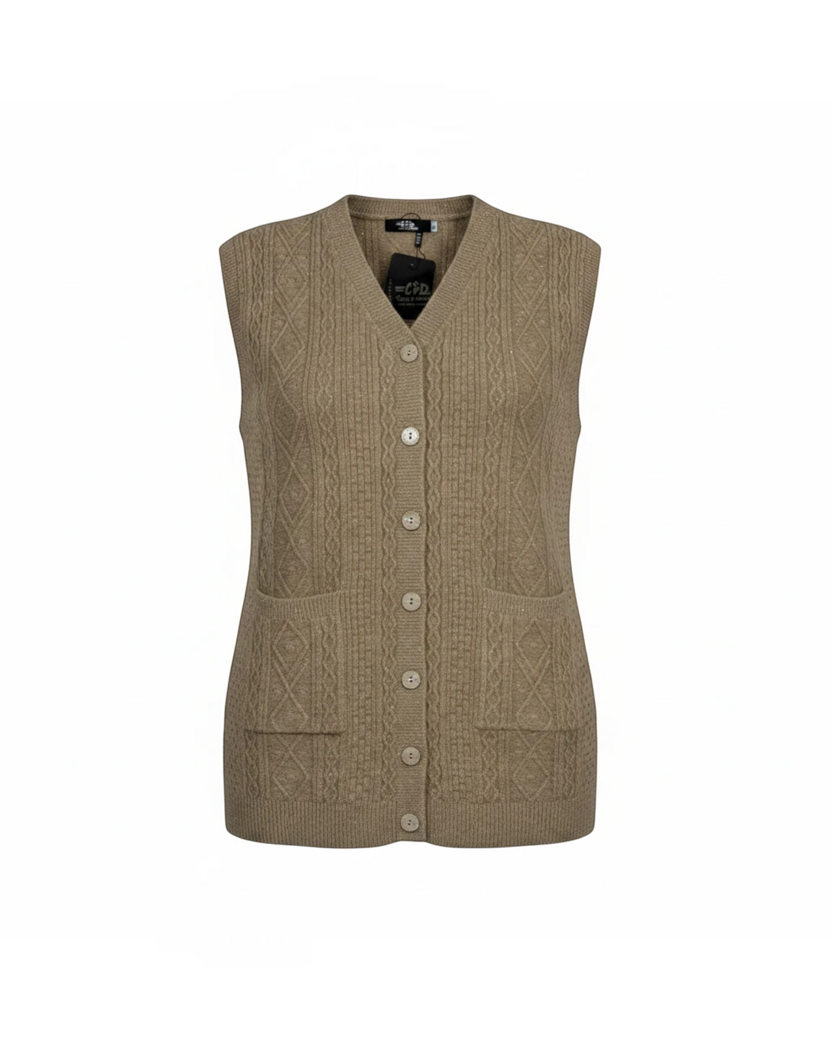 Cozy&Drape sleeveless cable-knit cardigan vest in beige with a V-neck, button-front closure, and two patch pockets.