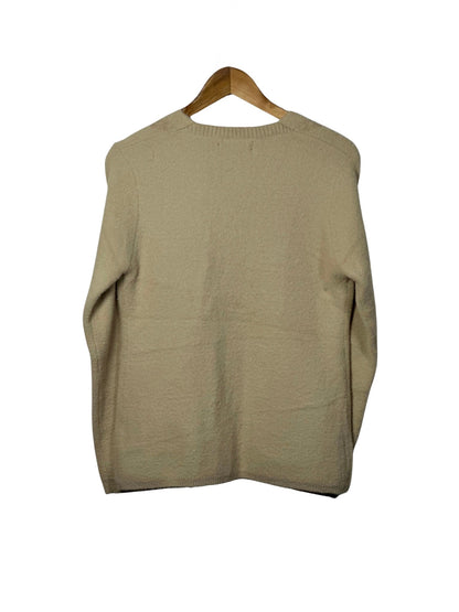 Cozy&Drape beige full sleeve cardigan sweater with a soft textured knit finish hanging on a wooden hanger