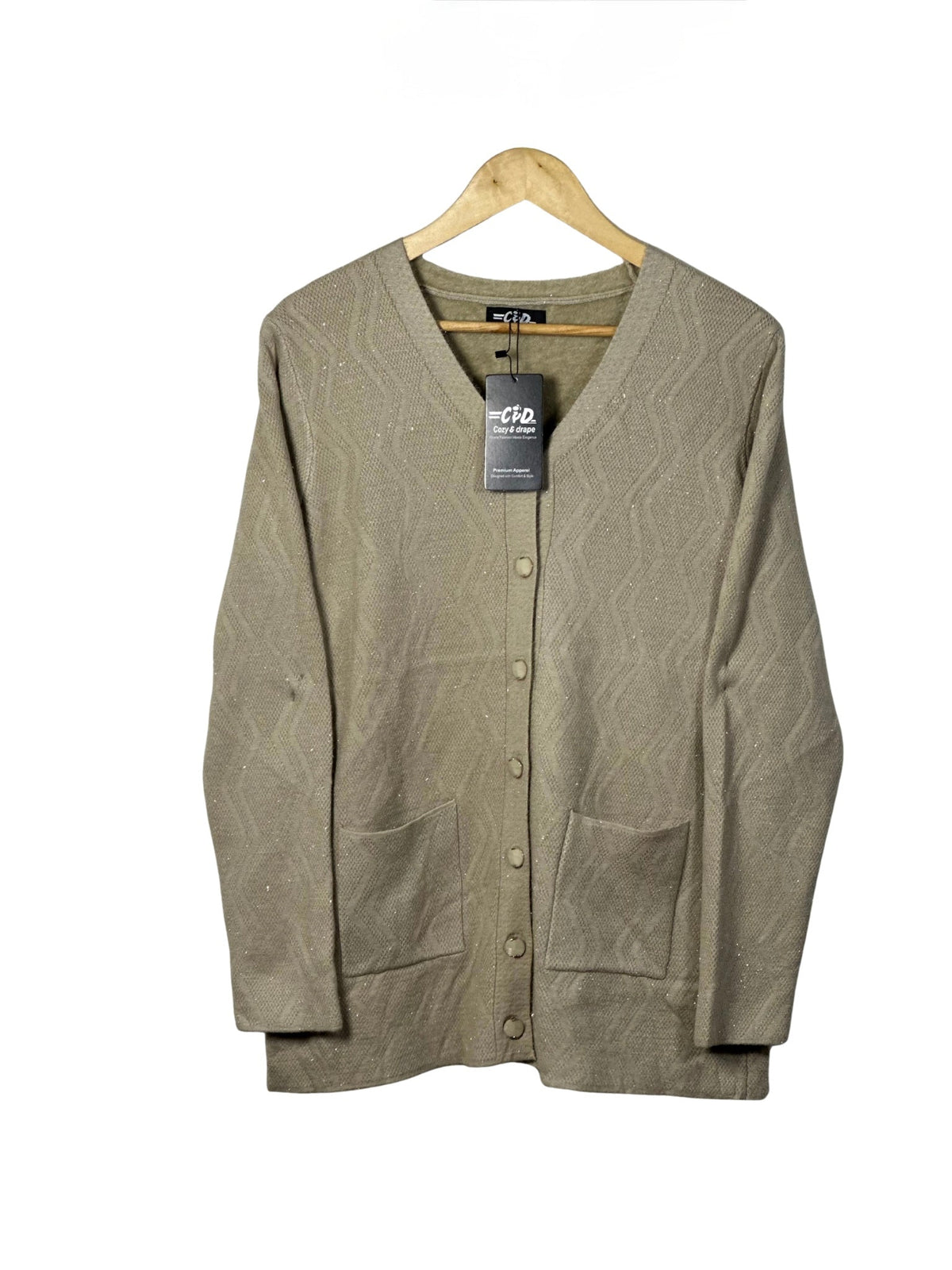 Cozy&Drape beige full sleeve cardigan sweater with front pockets and textured knit pattern on a wooden hanger
