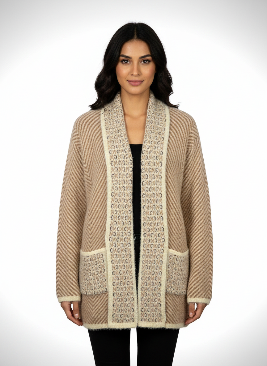 Cozy&Drape open-front knit cardigan in beige with chevron texture, shawl collar, and front pockets on a model