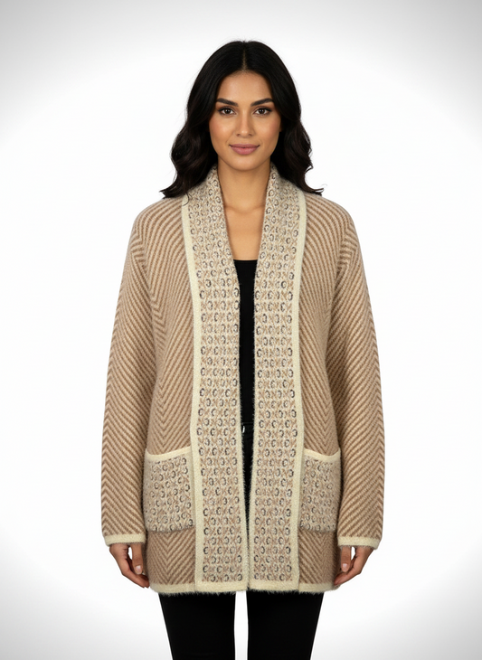 Cozy&Drape open-front knit cardigan in beige with chevron texture, shawl collar, and front pockets on a model