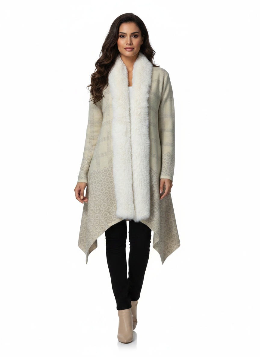 Model wearing a Cozy&Drape beige patterned knit cardigan with a luxurious white faux fur collar and asymmetrical hem.