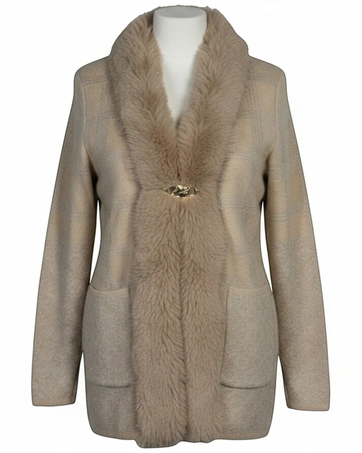 Cozy&Drape beige open front cardigan with faux fur trim, metallic knit fabric, and decorative clasp closure.