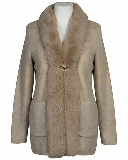 Cozy&Drape beige open front cardigan with faux fur trim, metallic knit fabric, and decorative clasp closure.