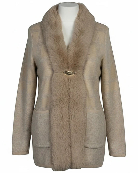 Cozy&Drape beige open front cardigan with faux fur trim, metallic knit fabric, and decorative clasp closure.