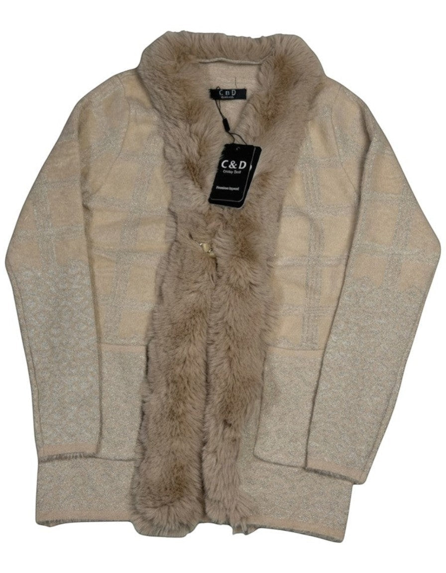 Cozy&Drape beige knit cardigan featuring a plush faux fur trim, metallic thread accents, and a decorative clasp.
