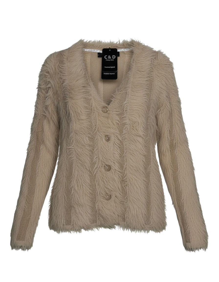 Cozy&Drape beige faux-fur button-down cardigan with long sleeves and textured vertical detailing.