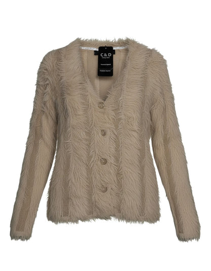 Cozy&Drape beige faux-fur button-down cardigan with long sleeves and textured vertical detailing.