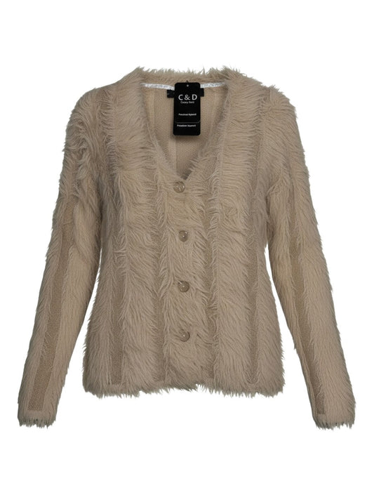 Cozy&Drape beige faux-fur button-down cardigan with long sleeves and textured vertical detailing.