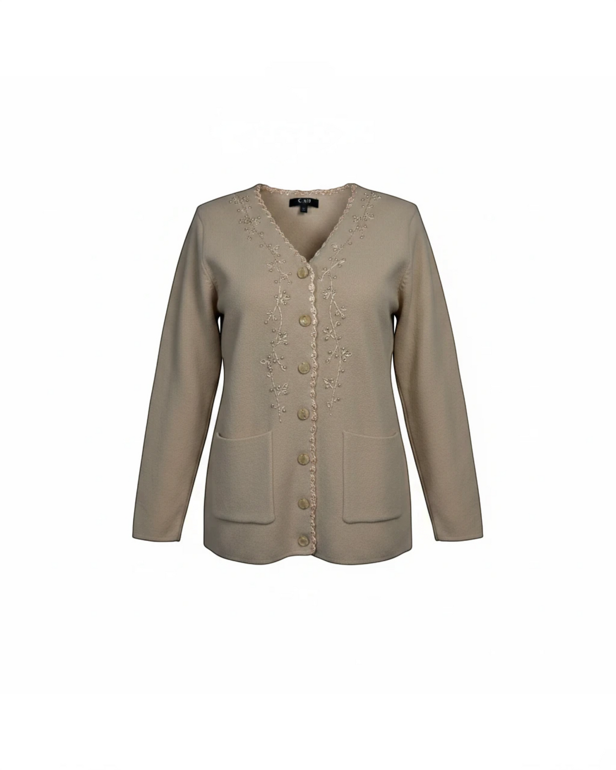 Cozy&Drape beige knit cardigan with V-neck, floral embroidery along the placket, button front, and two front pockets.