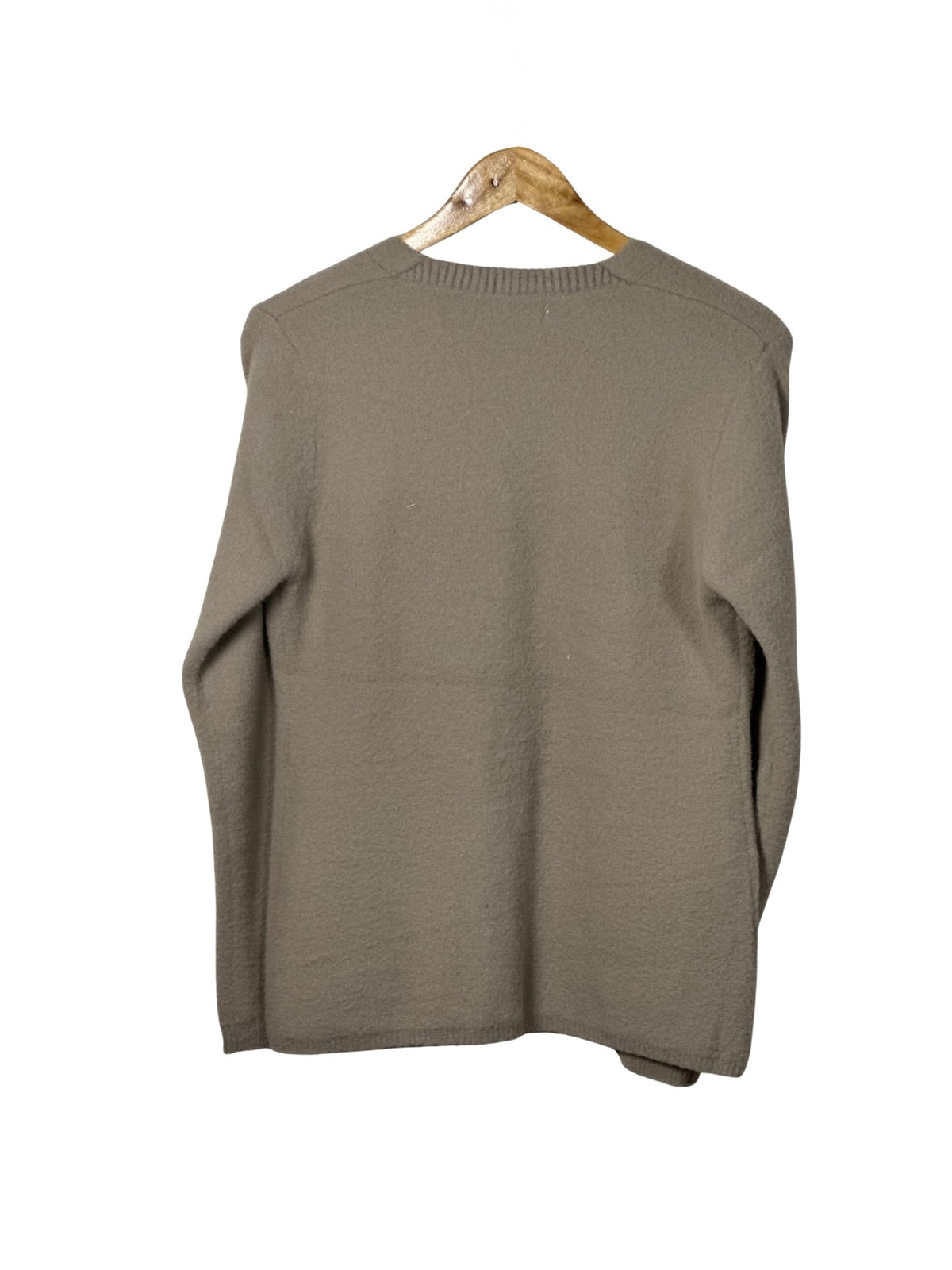 Back view of a Cozy&Drape regular fit beige full sleeve cardigan sweater made from premium warm fabric.