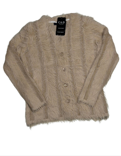 Cozy&Drape beige full sleeve fur cardigan sweater with button front and textured knit design