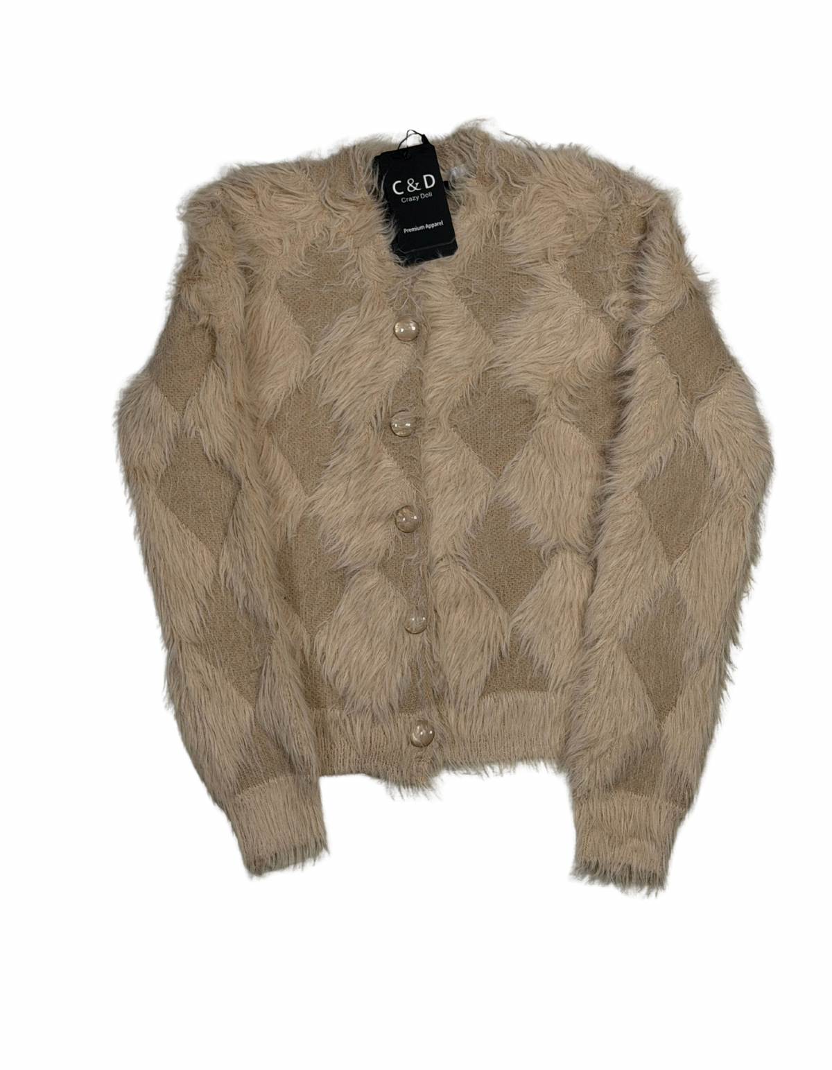Cozy&Drape beige faux fur cardigan sweater with a diamond pattern, button-up front, and soft textured finish.