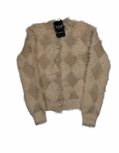 Cozy&Drape beige faux fur cardigan sweater with a diamond pattern, button-up front, and soft textured finish.