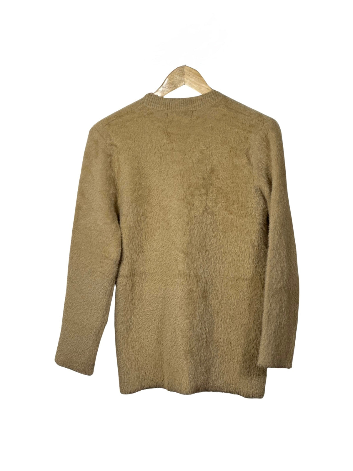 Cozy&Drape tan fuzzy full sleeve cardigan sweater with a soft textured knit finish shown from the back