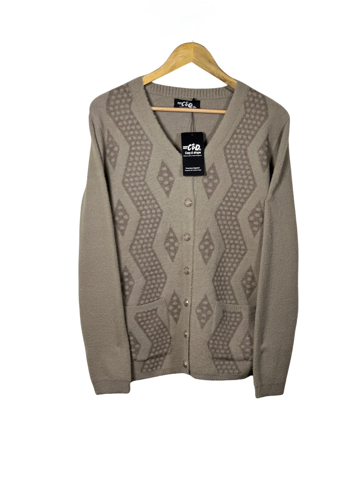 Cozy&Drape beige full sleeve cardigan sweater with a geometric diamond pattern, front buttons, and two pockets.