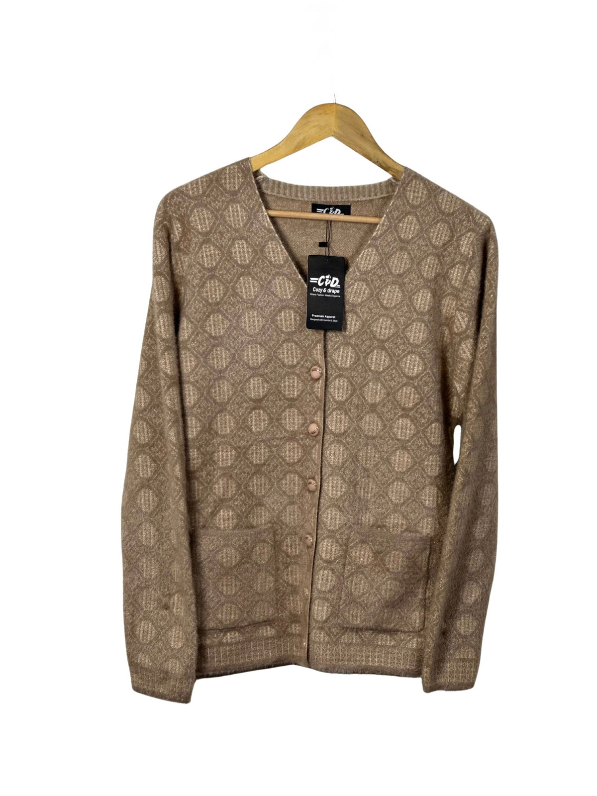 Cozy&Drape beige full sleeve cardigan sweater with a geometric pattern, front buttons, and two patch pockets.