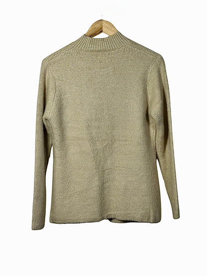Cozy&Drape beige full sleeve cardigan sweater with a textured knit pattern hanging on a wooden hanger