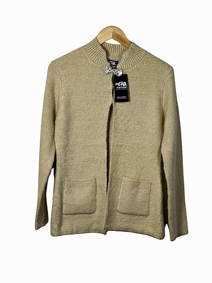 Cozy&Drape beige open-front knit cardigan sweater with long sleeves and two front pockets on a wooden hanger