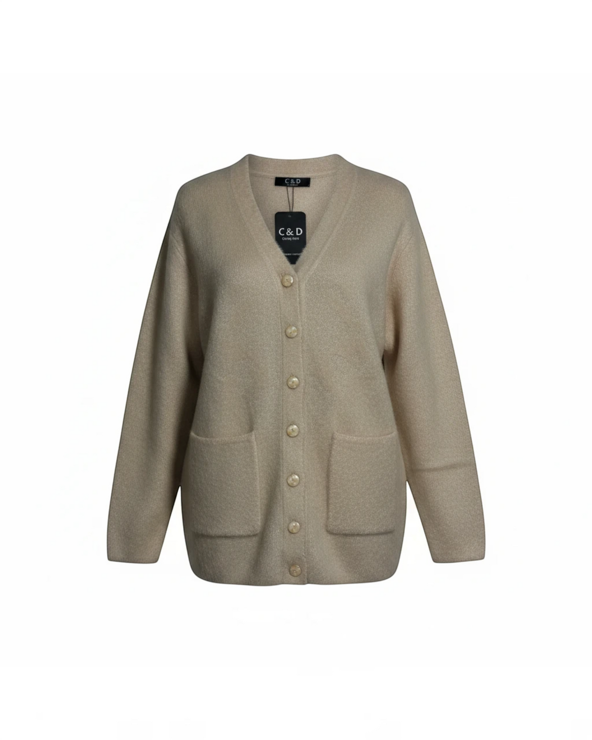Cozy&Drape beige knit cardigan with a V-neck, button-front closure, and two front pockets.