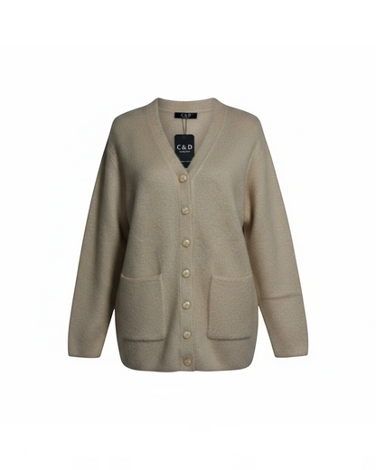 Cozy&Drape beige knit cardigan with a V-neck, button-front closure, and two front pockets.