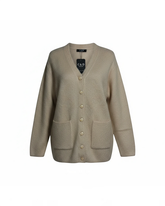 Cozy&Drape beige knit cardigan with a V-neck, button-front closure, and two front pockets.