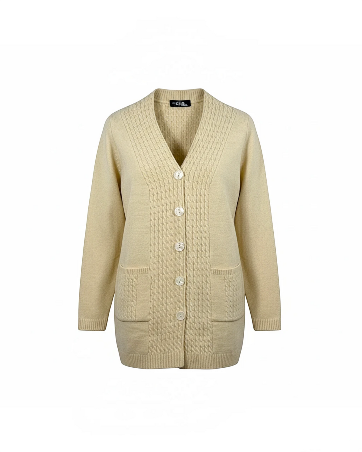 Cozy&Drape beige button-up knit cardigan with V-neck, cable-knit placket detailing, and two front pockets.