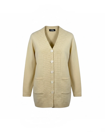 Cozy&Drape beige button-up knit cardigan with V-neck, cable-knit placket detailing, and two front pockets.