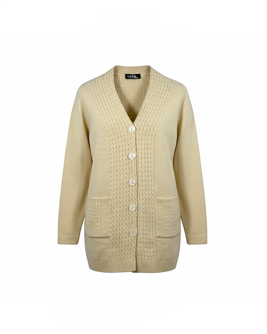Cozy&Drape beige button-up knit cardigan with V-neck, cable-knit placket detailing, and two front pockets.