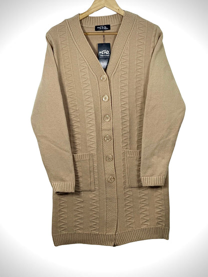 Cozy&Drape beige long-line knit cardigan with V-neck, button-front closure, and two front pockets on a hanger.