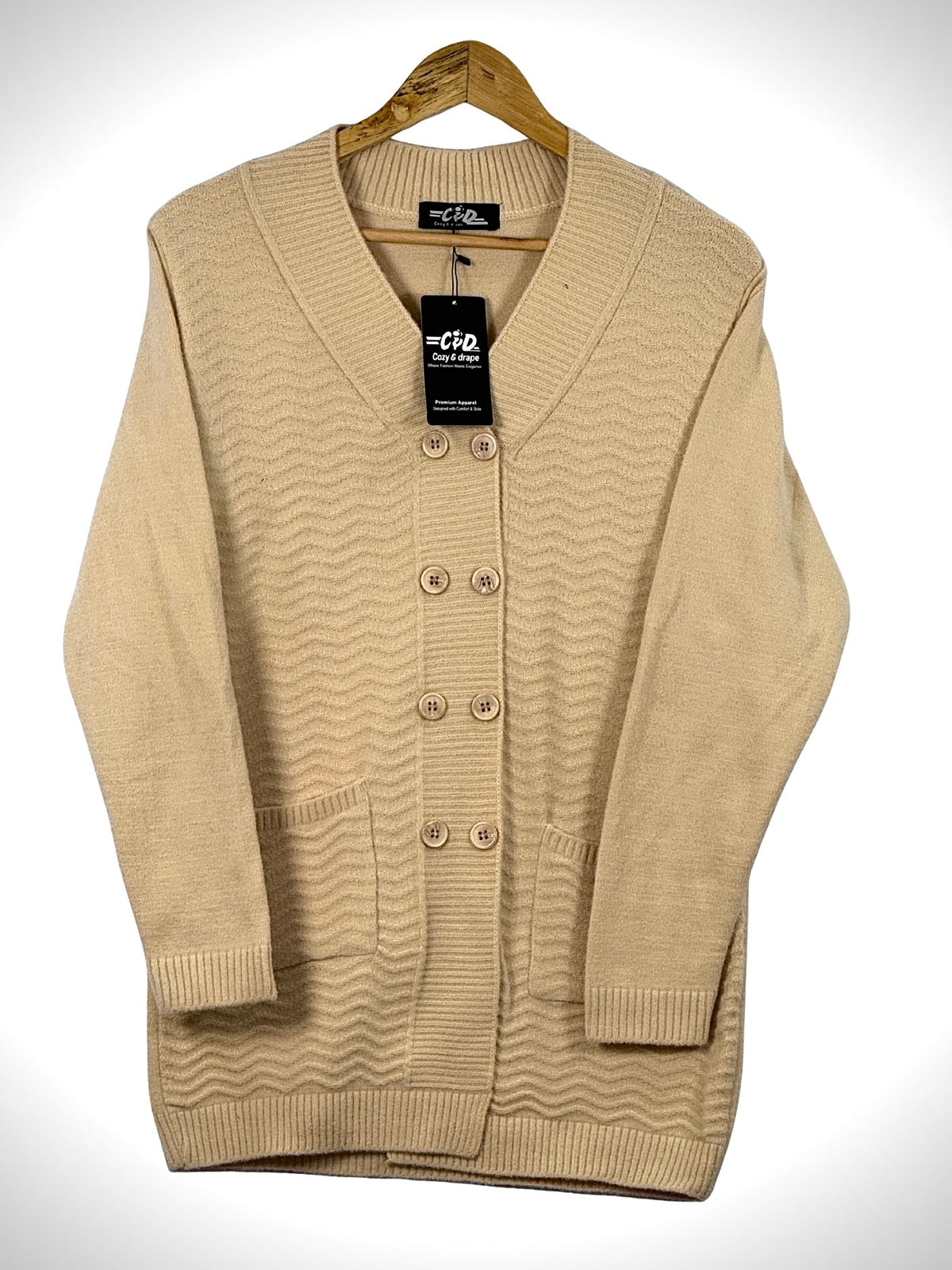 Cozy&Drape beige long cardigan sweater with a textured wave pattern, V-neck, button front, and two front pockets.