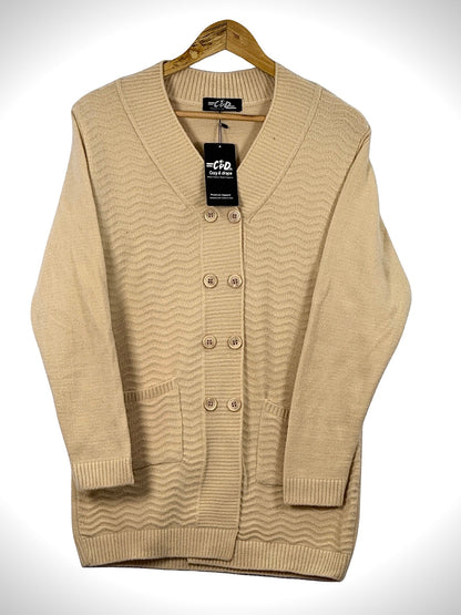 Cozy&Drape beige long cardigan sweater with a textured wave pattern, V-neck, button front, and two front pockets.