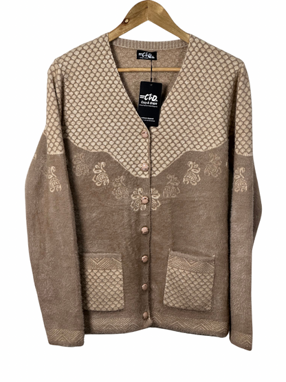 Cozy&Drape beige full sleeve cardigan sweater with button front, front pockets, and textured floral pattern detail.