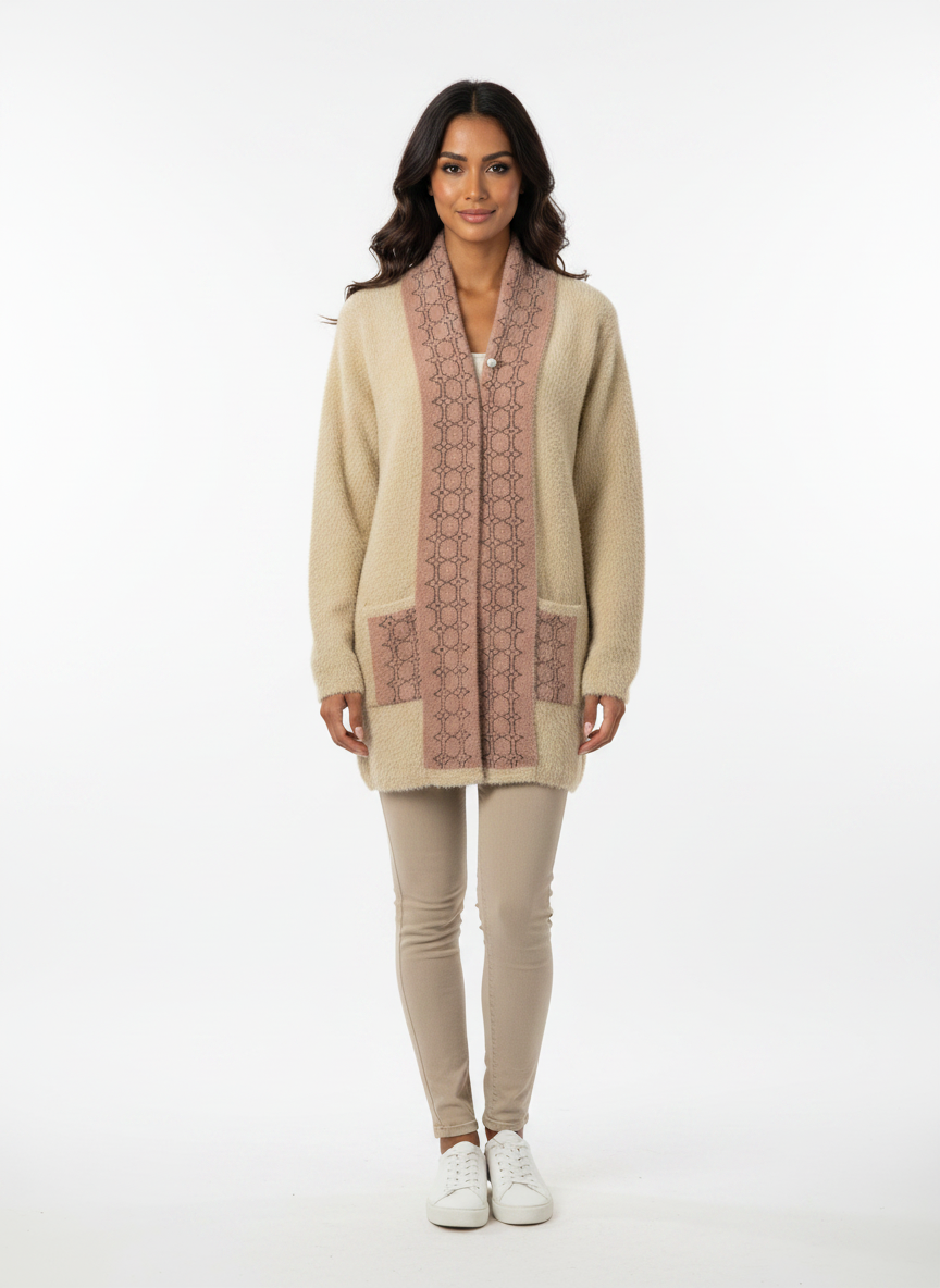 Model wearing a Cozy&Drape beige fuzzy knit cardigan with a patterned muffler-style front and pearl brooch closure.