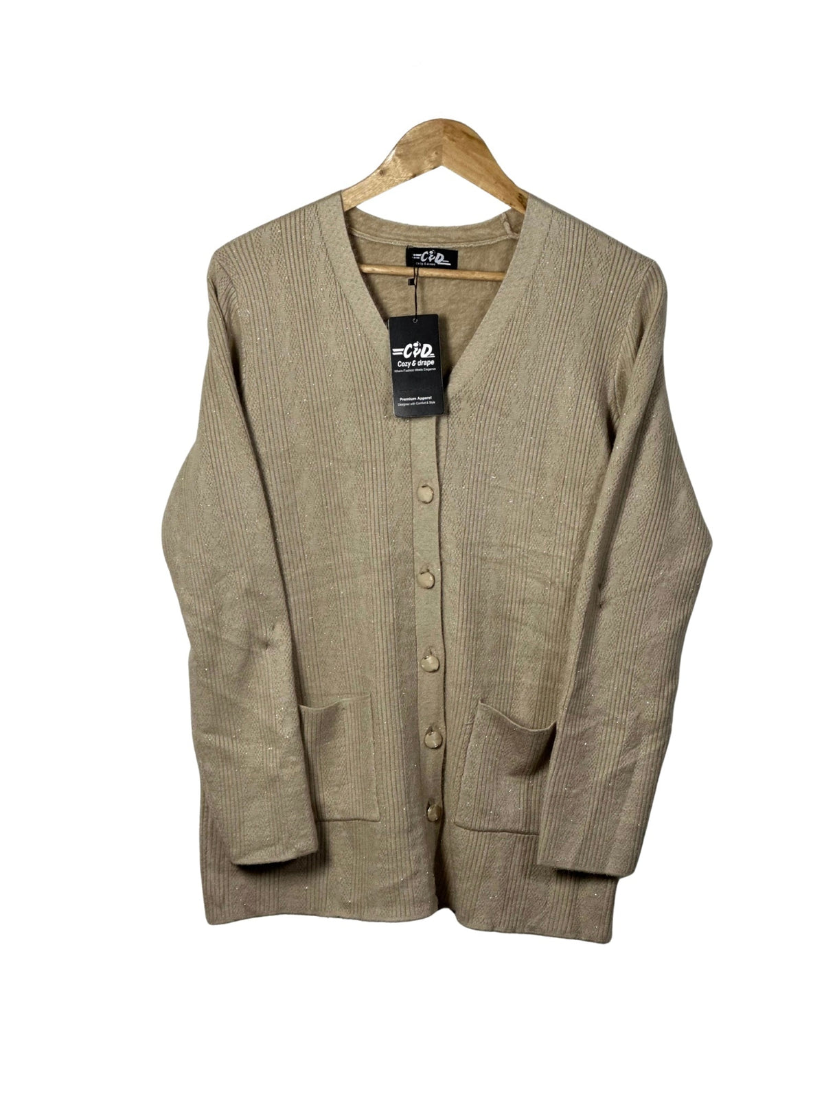 Cozy&Drape beige full sleeve cardigan sweater with front pockets, button-down front, and subtle textured knit detail.