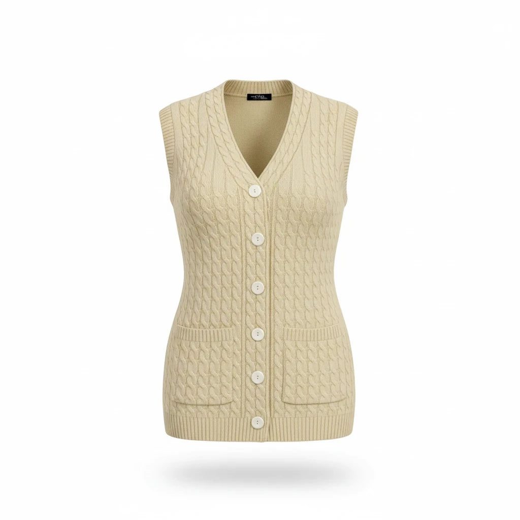 Cozy&Drape beige sleeveless cable knit cardigan sweater with a V-neck, button front, and two front pockets.