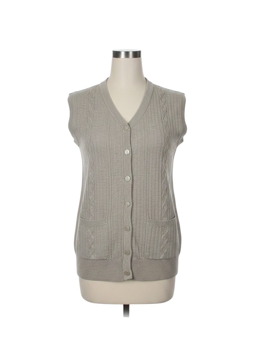 Cozy&Drape beige sleeveless cable-knit cardigan vest with a V-neck, button-up front, and two front pockets.