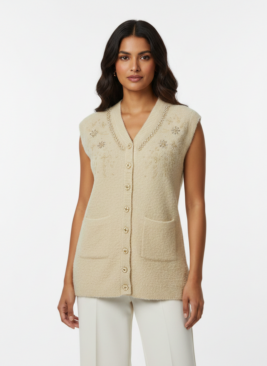 Model wearing a Cozy&Drape beige sleeveless knit cardigan vest with V-neck, beaded embroidery, and front pockets.
