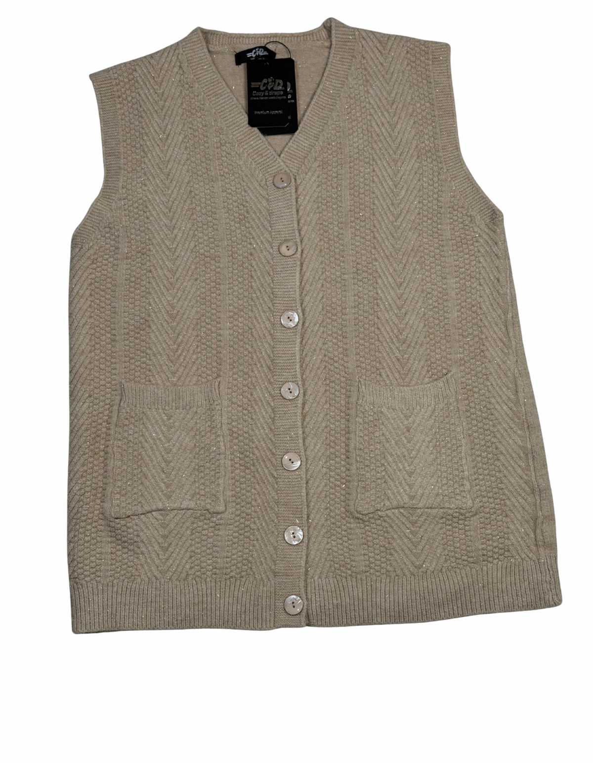 Cozy&Drape sleeveless wool cardigan sweater in beige with a button-up front, V-neck, and two patch pockets.