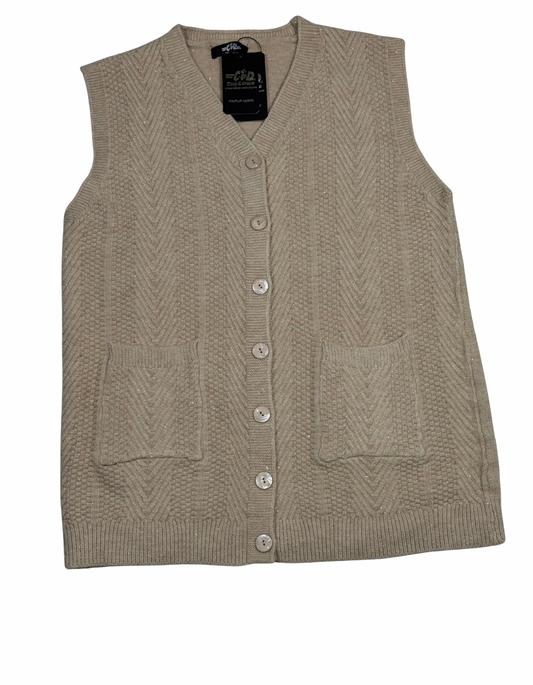 Cozy&Drape sleeveless wool cardigan sweater in beige with a button-up front, V-neck, and two patch pockets.