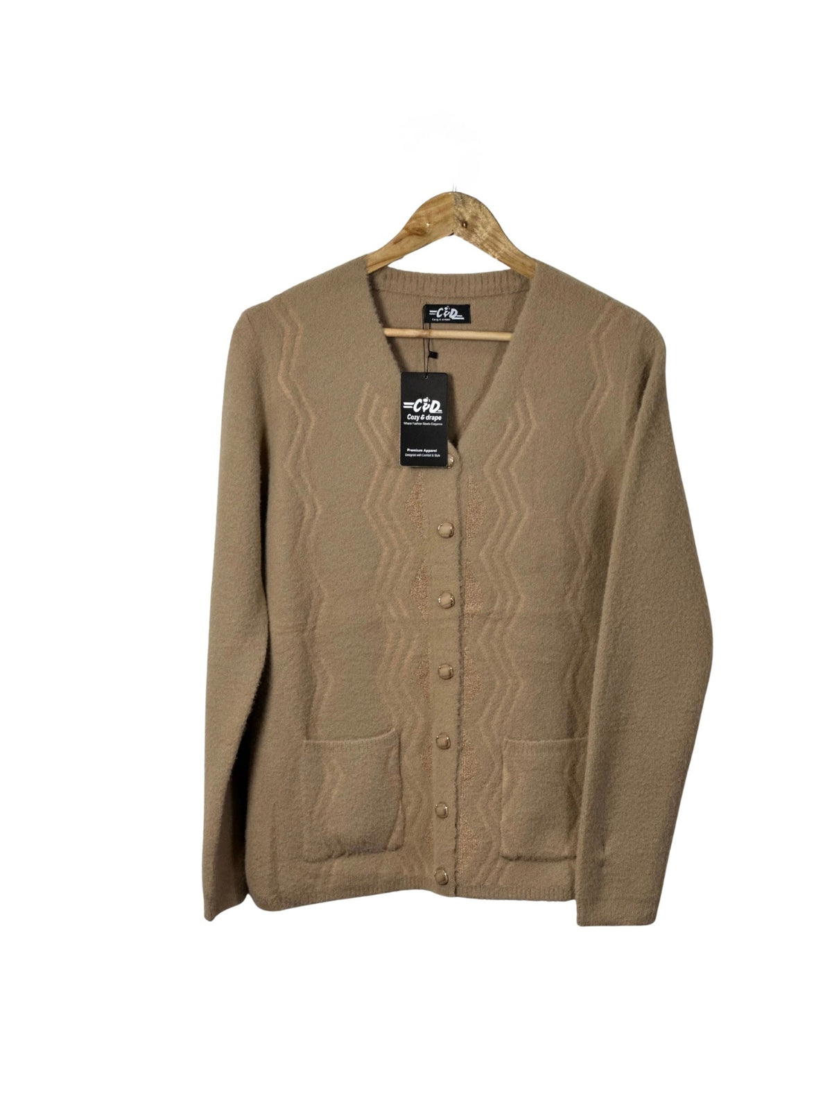 Cozy&Drape beige full-sleeve cardigan sweater with a textured wave pattern, button-up front, and two patch pockets.
