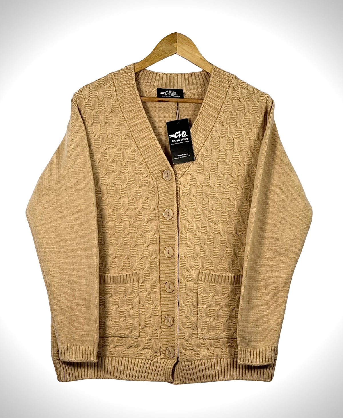 Cozy&Drape beige full-sleeved cardigan sweater with a textured knit pattern, V-neck, and front pockets.