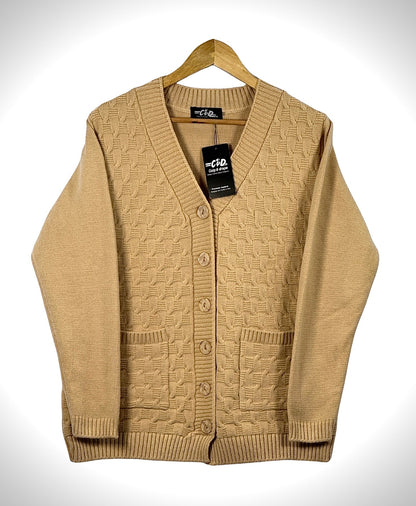 Cozy&Drape beige full-sleeved cardigan sweater with a textured knit pattern, V-neck, and front pockets.