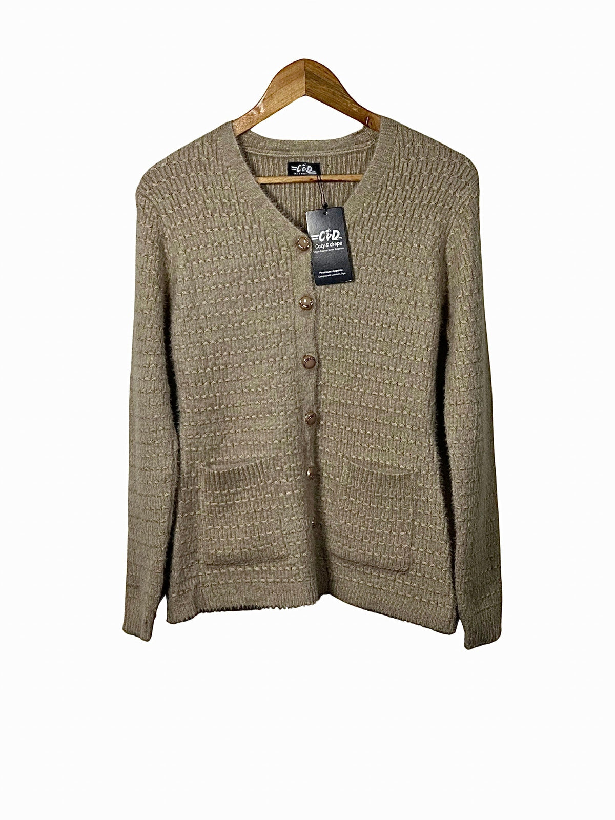 Cozy&Drape beige textured full-sleeve cardigan sweater with a V-neck, button-up front, and two front pockets.