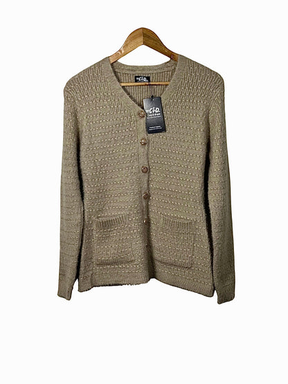 Cozy&Drape beige textured full-sleeve cardigan sweater with a V-neck, button-up front, and two front pockets.