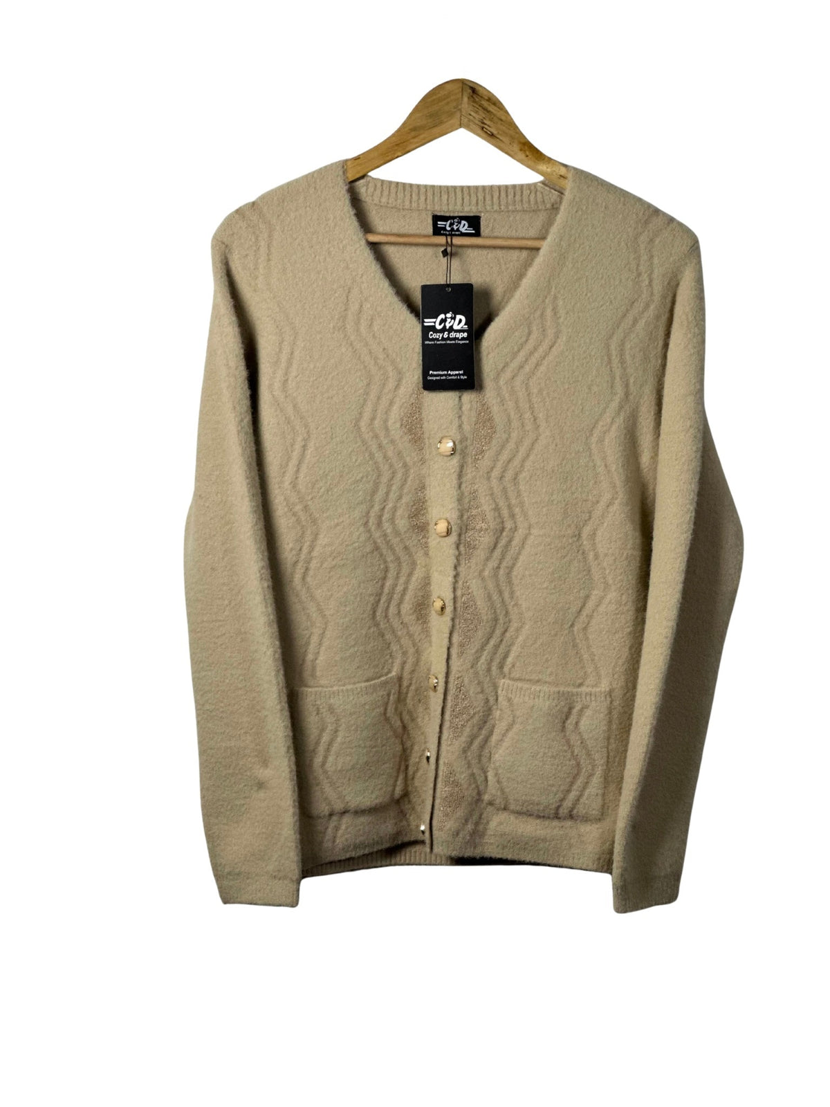 Cozy&Drape beige full-sleeve cardigan sweater with a textured wave pattern, button-front, and two front pockets.